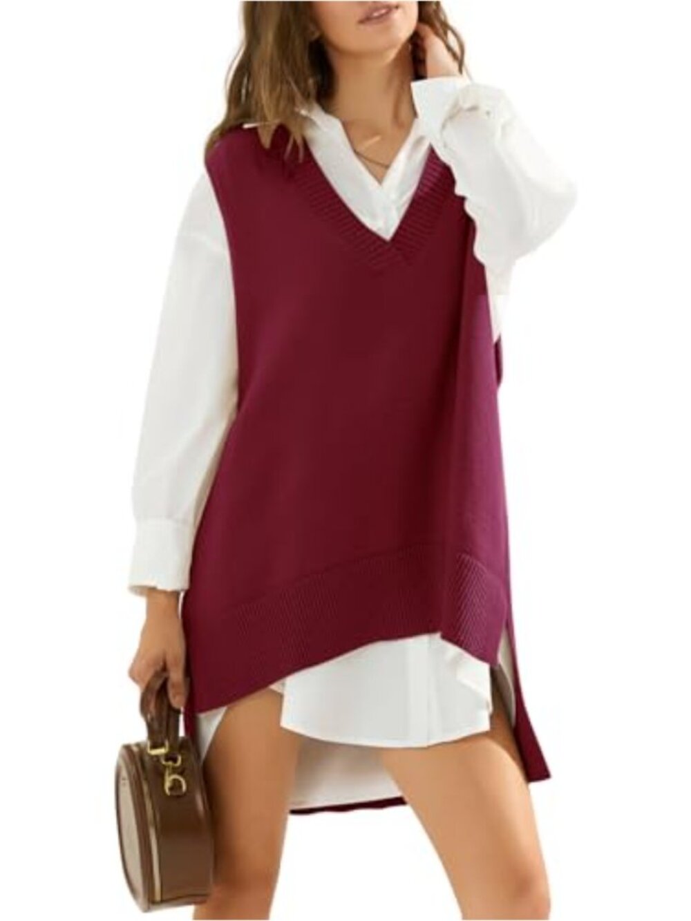 Oversized Knit V-Neck Sleeveless Sweater Vest Long Tunic Pullover